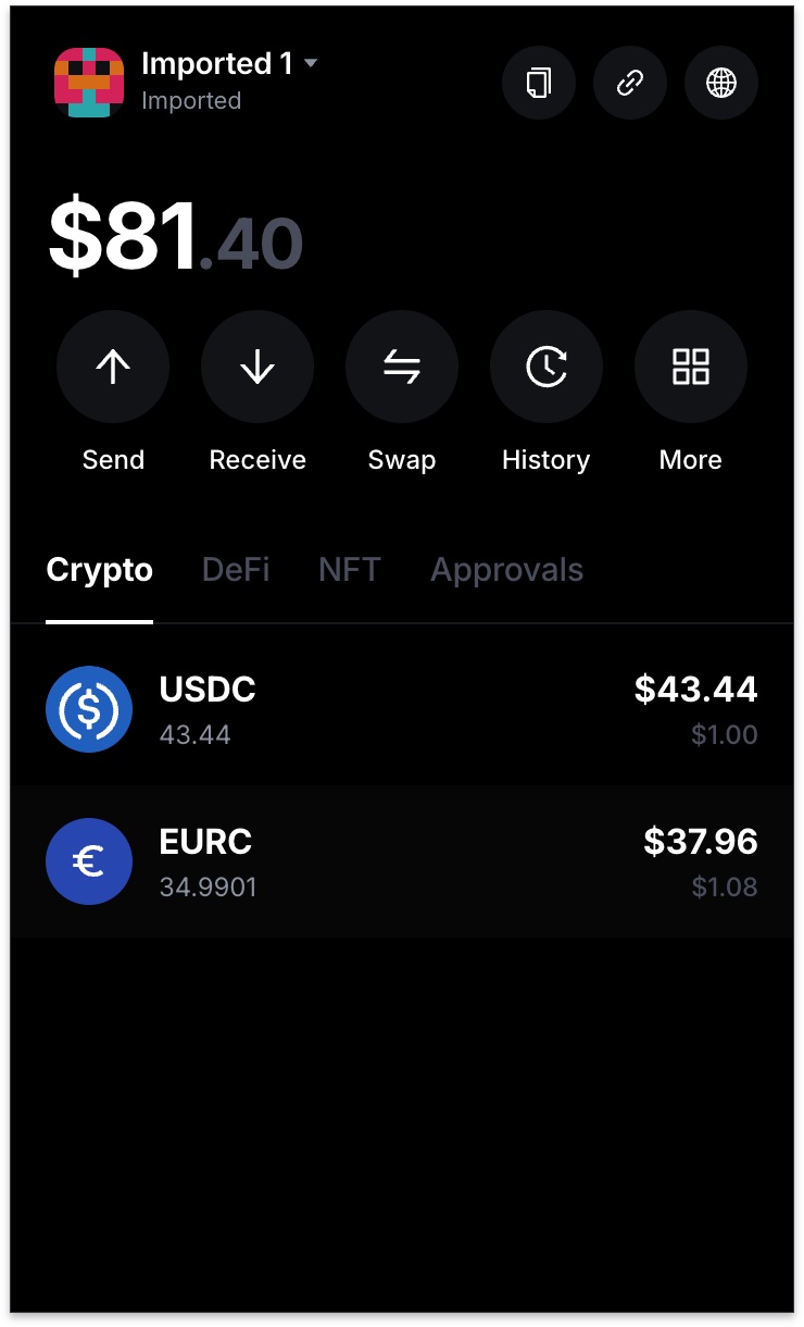 Dashboard with USDC + EURC balances