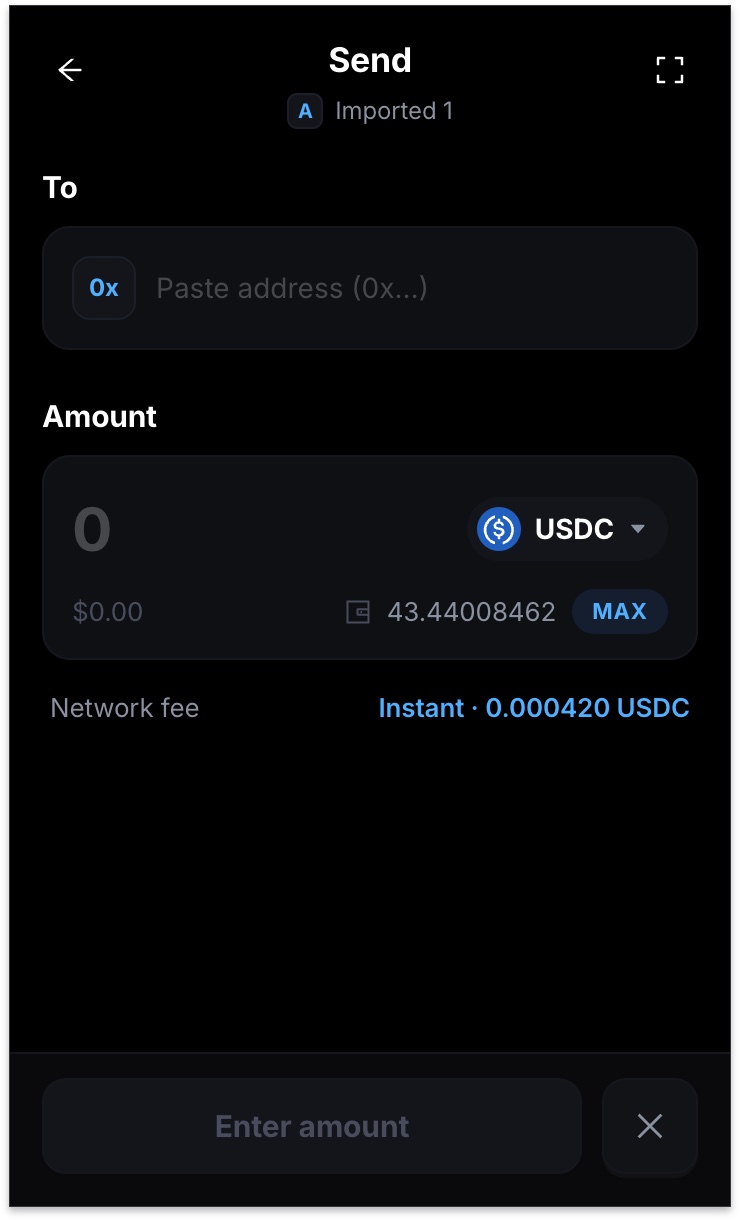Send screen with USDC-native gas fee