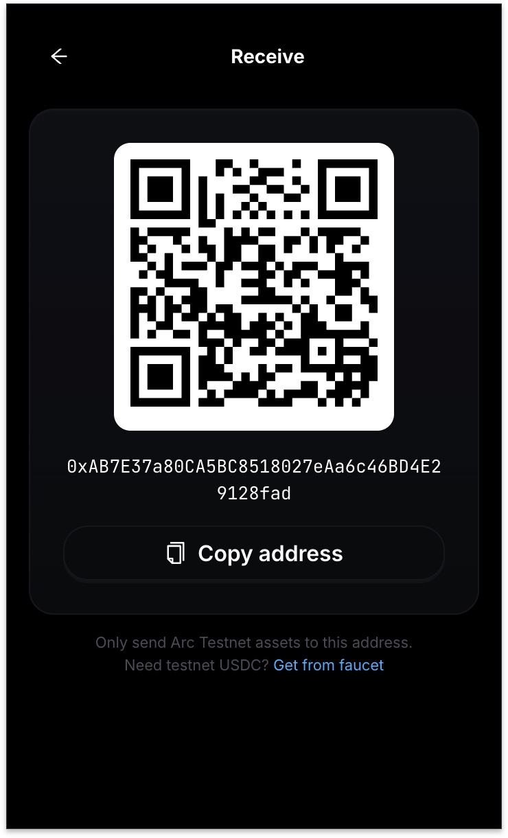 Receive screen with QR code